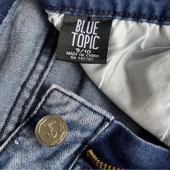 Blue Topic Rhinestone Studded Patch Distressed Denim Jeans Y2K Style - Size 9/10 - Picture 6 of 16